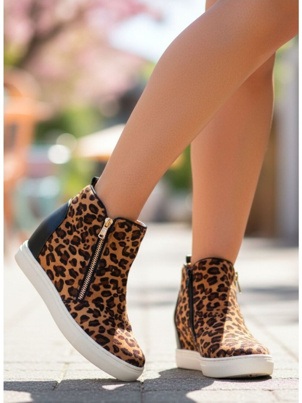 Leopard Print Wedge Sneakers With Side Zipper & Black Accents